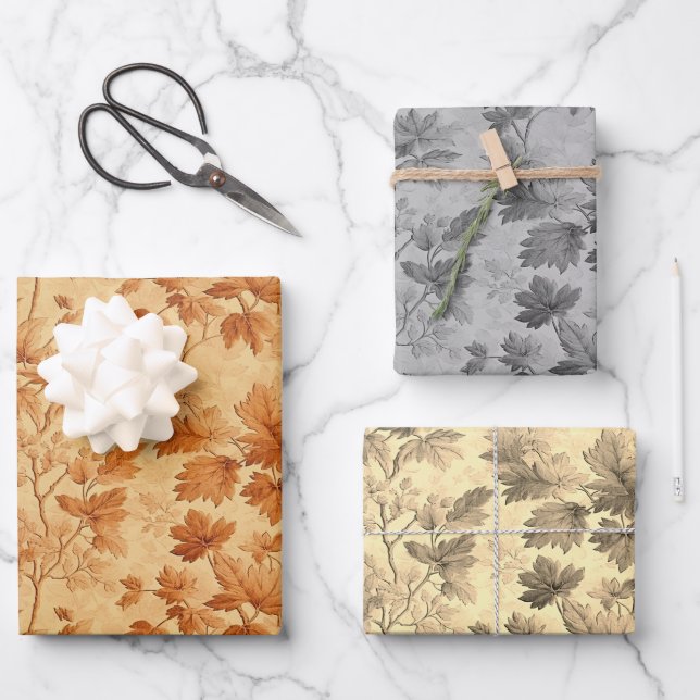 Autumn leaves themed modern Toile de Jouy pattern Wrapping Paper Sheet (Front)