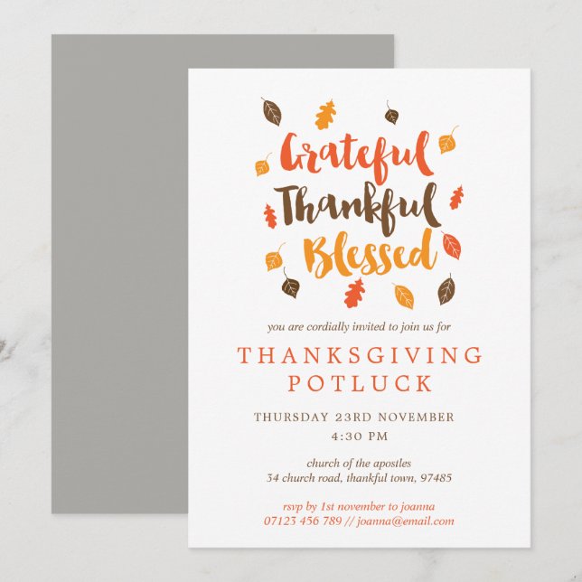 Autumn Leaves Typographic Thanksgiving Potluck Invitation (Front/Back)