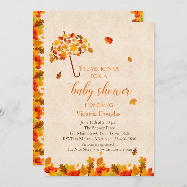 Autumn Leaves Umbrella Baby Shower Invitation (Front/Back)