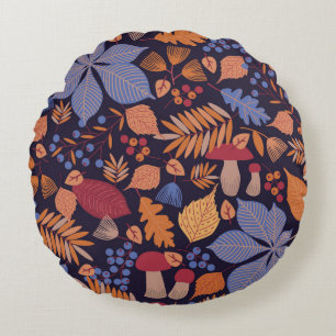 Autumn Leaves, Vintage Mushroom Illustration. Round Cushion