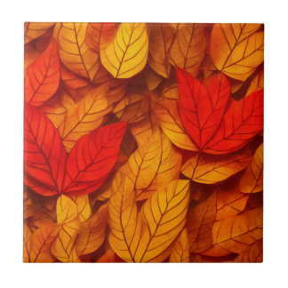 Autumn Leaves Warm Red Orange Yellow Pattern Tile
