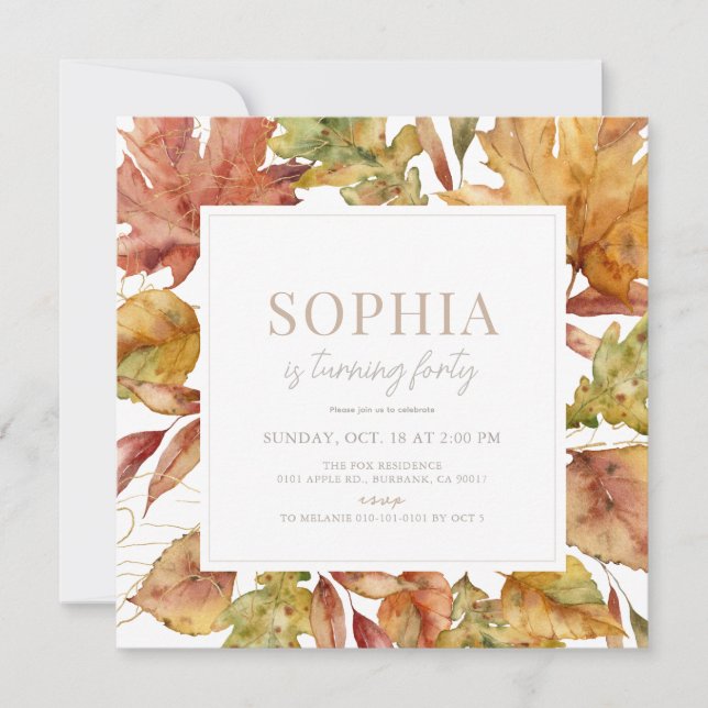 Autumn Leaves Watercolor Adult's Birthday Invitation (Front)