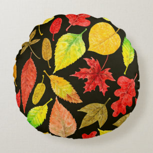 Autumn leaves watercolor dark round cushion