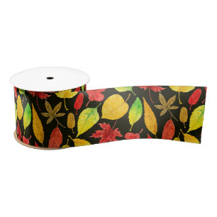 Autumn leaves watercolor dark satin ribbon