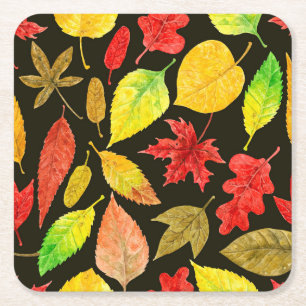 Autumn leaves watercolor dark square paper coaster