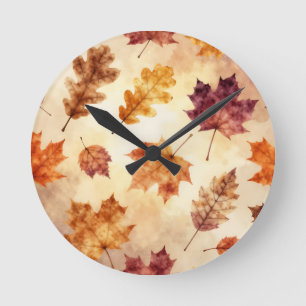 Autumn Leaves Watercolor Fall Pattern Round Clock