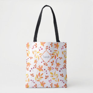 Autumn Leaves Watercolor Monogram Tote Bag