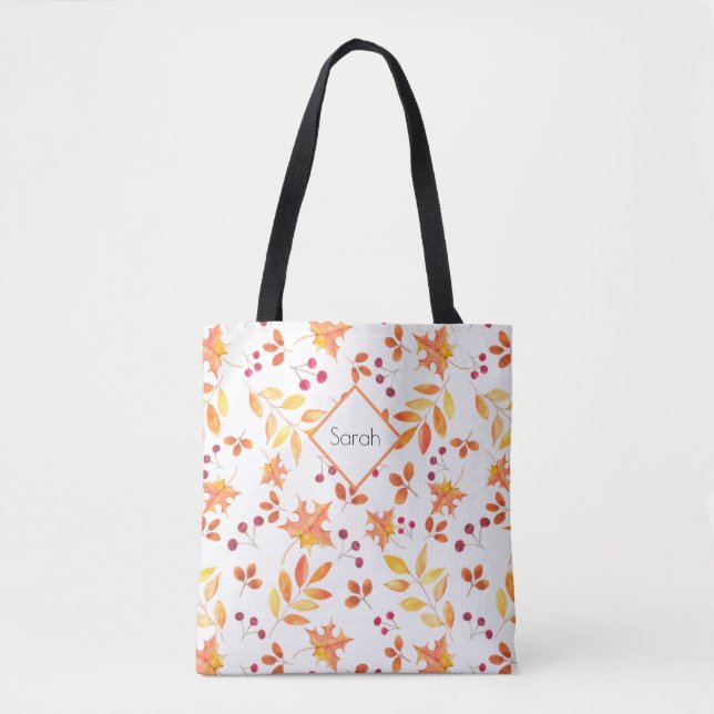 Autumn Leaves Watercolor Monogram Tote Bag (Front)
