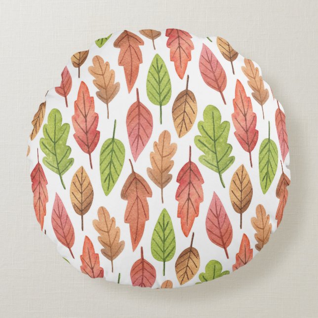 Autumn Leaves Watercolor: Nature Pattern. Round Cushion (Front)