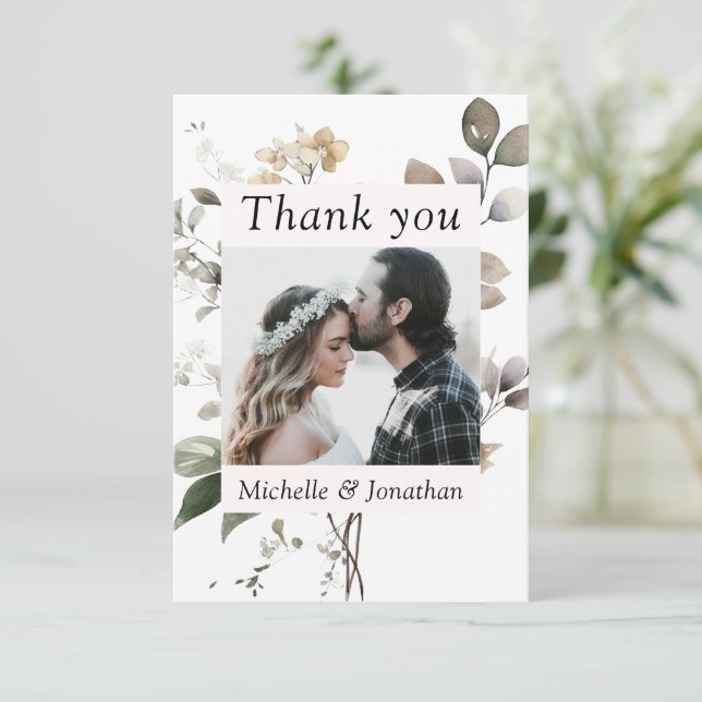 Autumn Leaves Watercolor Photograph Wedding Thank You Card (Standing Front)