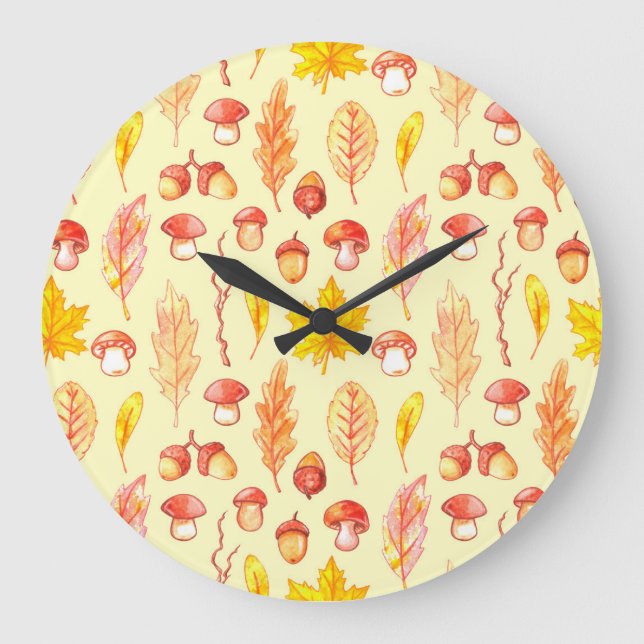Autumn Leaves: Watercolor Retro Wallpaper Large Clock (Front)