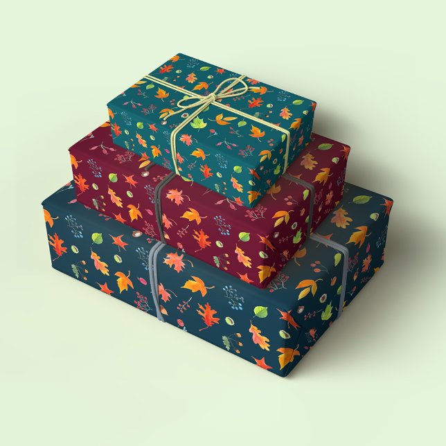 Autumn Leaves Watercolor Trio Patterns Wrapping Paper Sheet (Creator Uploaded)