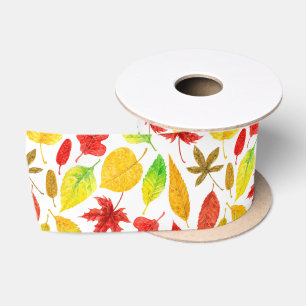 Autumn leaves watercolor white satin ribbon