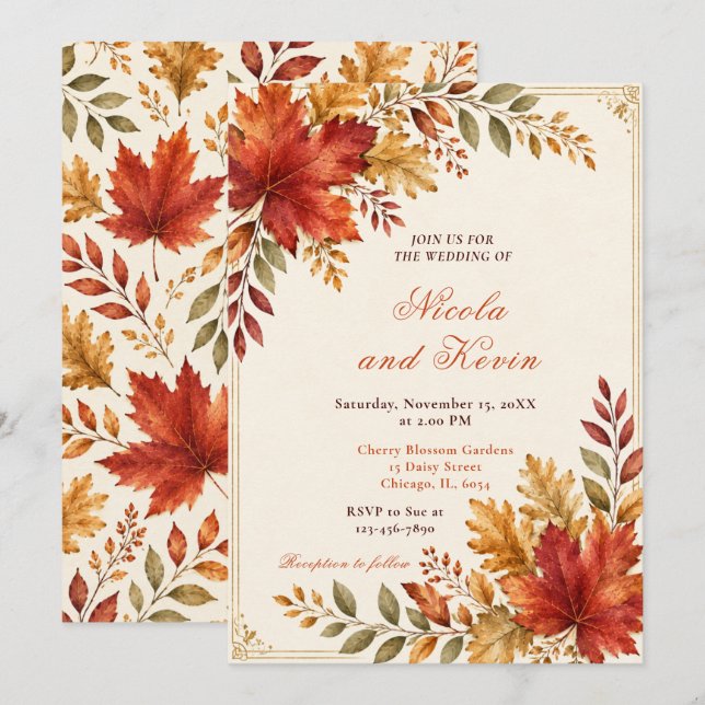 Autumn Leaves Wedding Cream Invitation (Front/Back)