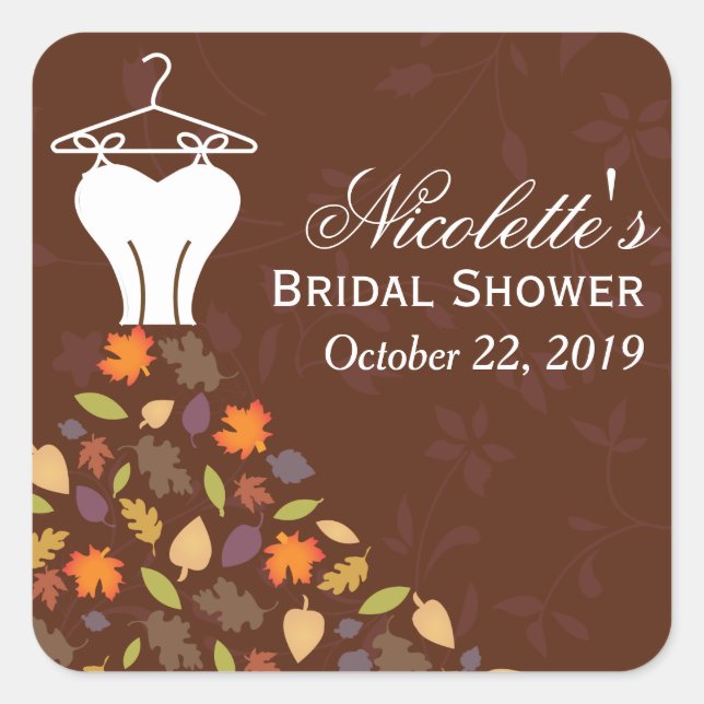 Autumn Leaves Wedding Dress Bridal Shower Favour Square Sticker (Front)