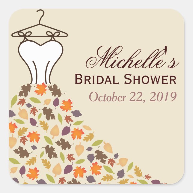 Autumn Leaves Wedding Dress Bridal Shower Favour Square Sticker (Front)