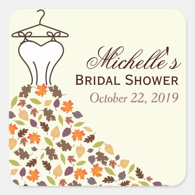 Autumn Leaves Wedding Dress Bridal Shower Favour Square Sticker (Front)