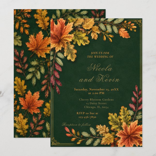 Autumn Leaves Wedding Forest Green Invitation (Front/Back)