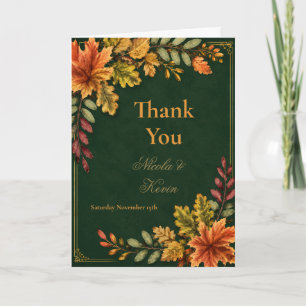 Autumn Leaves Wedding Forest Green Thank You Card