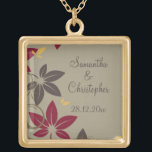 Autumn Leaves Wedding Gold Plated Necklace<br><div class="desc">An elegant design for a Fall Wedding with leaves in the autumn colours of yellow, red and brown falling with green flourishes on an olive green background. The colour of the text coordinates with the colour of the dark leaves. Fully customisable for your own special occasion. This coordinates with the...</div>