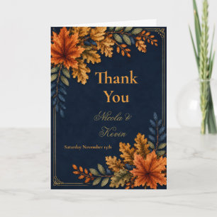 Autumn Leaves Wedding Navy Thank You Card