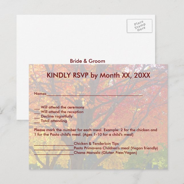 Autumn Leaves Wedding RSVP Menu Postcard (Front/Back)