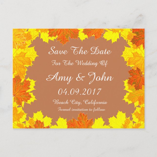 Autumn leaves wedding save the date autumn1 announcement postcard (Front)