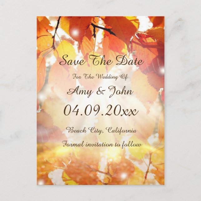 Autumn Leaves Wedding Save the Date Postcard (Front)