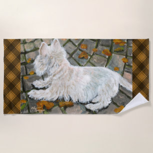 Autumn Leaves Westie on Patio Beach Towel