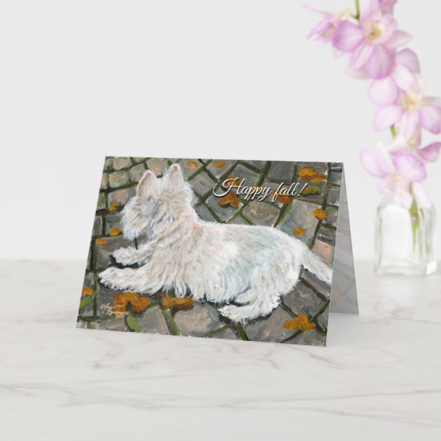 Autumn Leaves Westie on Patio Card (Orchid)