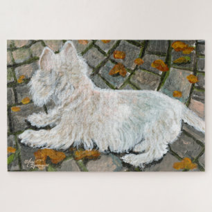 Autumn Leaves Westie on Patio Jigsaw Puzzle