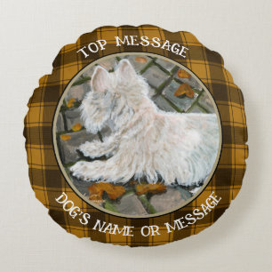 Autumn Leaves Westie on Patio Round Cushion