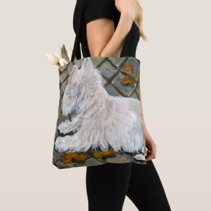 Autumn Leaves Westie on Patio Tote Bag