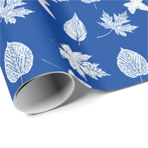 Autumn leaves - white and cobalt blue wrapping paper