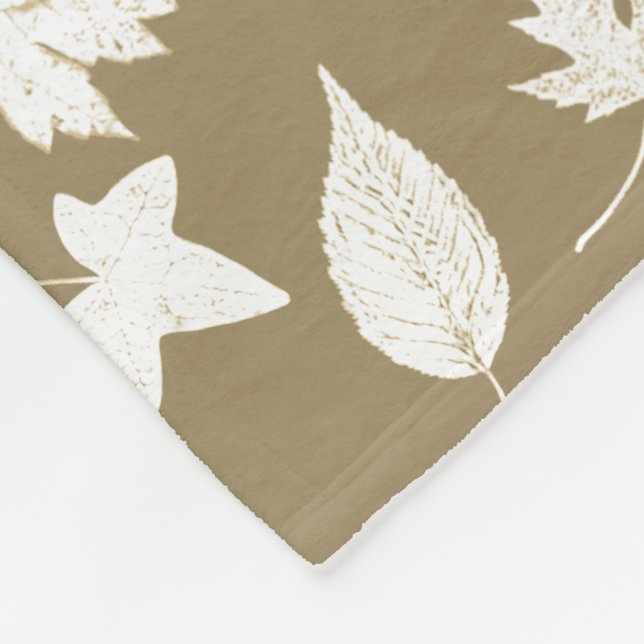 Autumn leaves - white and taupe tan fleece blanket (Corner)