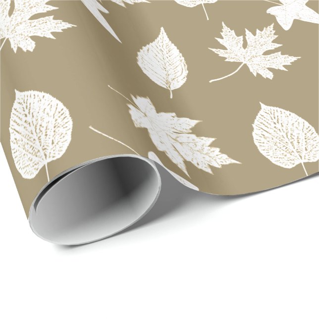 Autumn leaves - white and taupe tan wrapping paper (Roll Corner)