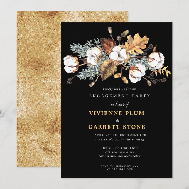 Autumn Leaves White Floral Engagement Party Invitation (Front/Back)