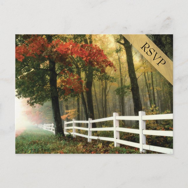 Autumn Leaves White Picket Fence Wedding RSVP Invitation Postcard (Front)