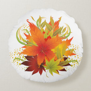 Autumn Leaves White Round Cushion