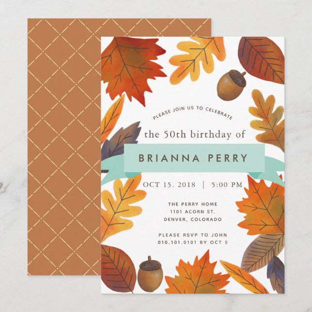 Autumn Leaves White Watercolor Adult Birthday Invitation (Front/Back)