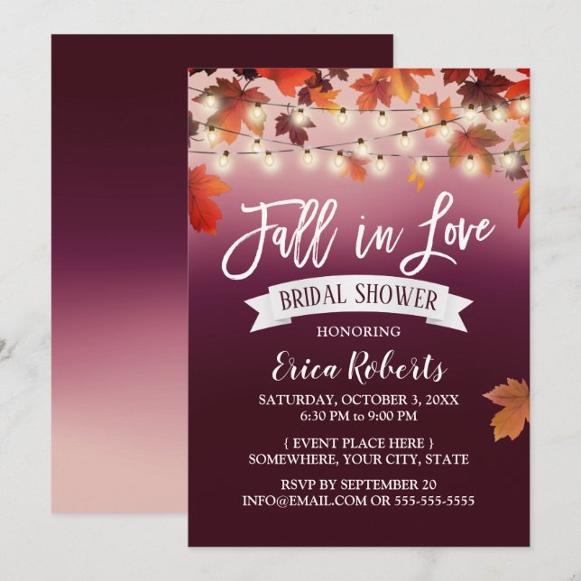 Autumn Leaves Wine Red Fall in Love Bridal Shower Invitation (Front/Back)