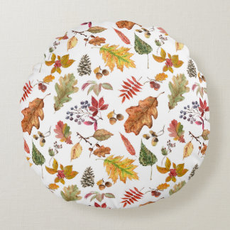 Autumn Leaves with Acorn and Wild Berries Seamless Round Cushion