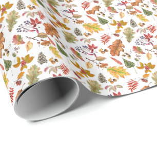 Autumn Leaves with Acorn and Wild Berries Seamless Wrapping Paper