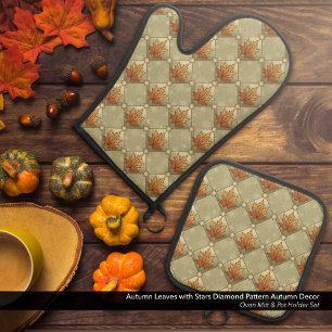 Autumn Leaves with Stars Diamond Pattern Oven Mitt & Pot Holder Set