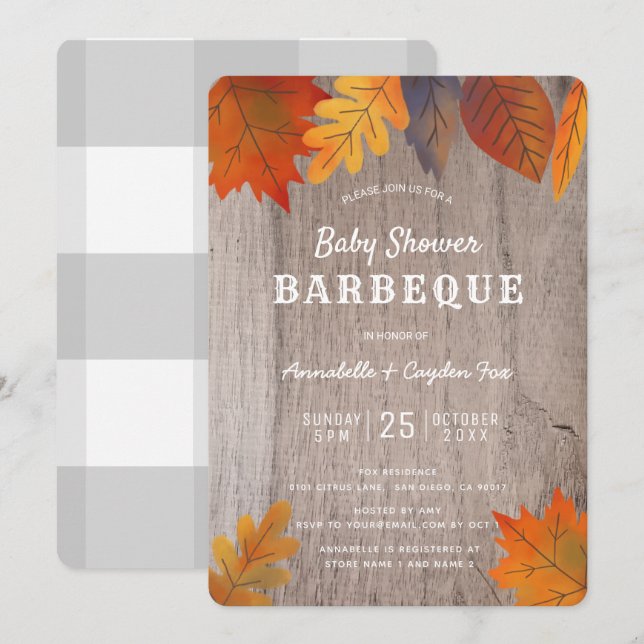Autumn Leaves & Wood Couples BBQ Baby Shower Invitation (Front/Back)