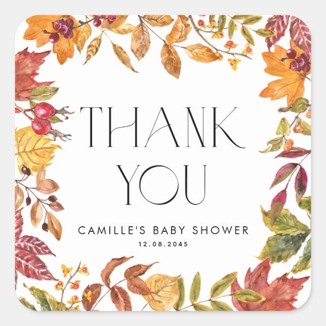 Autumn Leaves Wreath Baby Shower Thank You Square Sticker (Front)