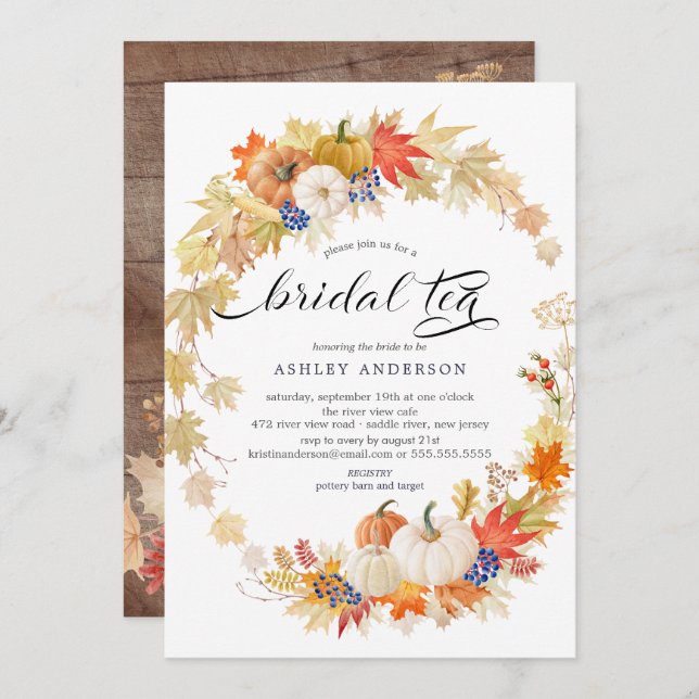 Autumn Leaves Wreath Bridal Shower Tea Invitation (Front/Back)