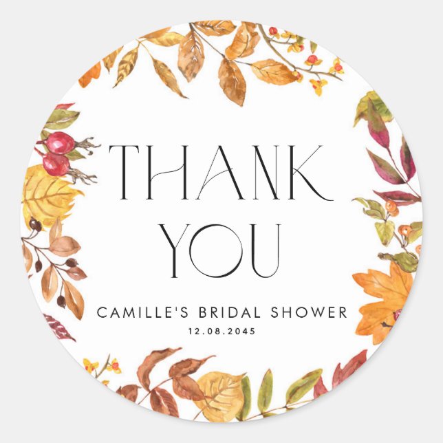 Autumn Leaves Wreath Bridal Shower Thank You Classic Round Sticker (Front)