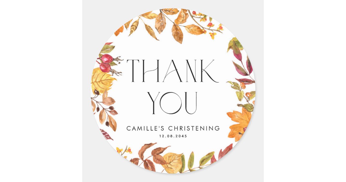 Thank You Rfs Autumn Leaves Wreath Christening Thank You Classic Round Sticker | Zazzle