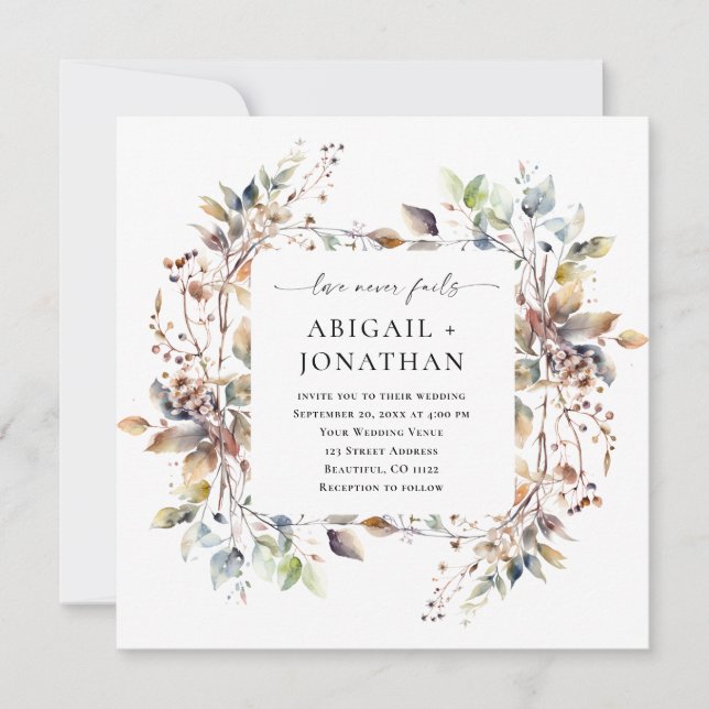 Autumn Leaves Wreath Christian Bible Verse Wedding Invitation (Front)